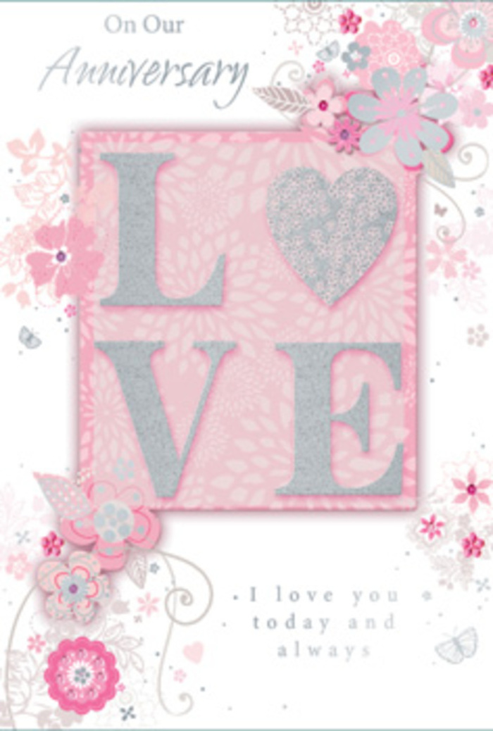 The anniversary card shown here unfolds like a quiet love story, its soft colours and detailed motif recalling the calm of a sunlit Hornsey living room filled with fresh flowers. The central focus is the word LOVE, rendered in bold capitals that stand slightly proud of the card's surface, giving a distinct embossed feel. Each letter is coated with a frosted glitter finish, creating a light-catching shimmer that plays across the textured surface whenever it is tilted or touched. Behind this, a smooth panel of subtle blush pink anchors the word, reminiscent of the delicate inner petals of a rose. Along the borders and gently encircling the central motif, wispy hand-drawn blooms and feathery sprays of foliage drift with an almost weightless grace. The flowers, in shades of soft pink, lilac, ivory, and a whisper of grey, are drawn with fine, flowing lines that taper and curl like stems placed carefully into a hand-tied bouquet. Interspersed among them are fine flourishes: looping filigree lines, tiny leaves, and faint, near-hidden butterflies that add a suggestion of fluttering movement, as if a light breeze from Priory Park had passed over the design. Between and around these details, an anniversary message including the words I love you today and always is set in a modest yet elegant typeface, its simplicity allowing the decorative elements to shine. The card's surface appears smooth and satin-like, with the raised glittered letters adding a subtle contrast of texture. Altogether, the design feels like a bouquet translated into paper form-refined, heartfelt, and perfectly suited to marking the enduring affection between two people who have shared many days and memories together.
