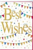 A charming Best Wishes card fills this image, brimming with colour and cheer while maintaining a polished, modern look that feels right at home in Hornsey's creative neighbourhoods. The background is a clean, matte white, giving plenty of breathing space and letting the central design truly stand out. In the middle, the words Best Wishes are presented in a graceful golden script that loops and curls with an easy confidence. The lettering is embossed and finished with a fine layer of glitter, so it gleams softly like evening light reflecting off nearby windows along Tottenham Lane. Encircling the message, two arcs of bunting stretch across the width of the card, one towards the top edge and the other near the bottom. Each miniature triangular flag is painted in a vivid shade-crimson, teal-tinged blue, bright green, and sunny yellow-and decorated with patterns ranging from playful dots to precise stripes and mosaic-inspired designs, giving them a handmade, celebratory feel. Hints of sparkle on the bunting echo the glint of the golden text. Dotted around the design are tiny stars and circular confetti in matching colours, scattered lightly so they appear as joyful flecks of colour rather than clutter. The card's layout remains balanced and harmonious, with the arcs of bunting naturally drawing the eye back to the warm Best Wishes message. The overall impression is one of buoyant optimism and heartfelt support, ideal for pairing with a fresh bouquet sent across Hornsey to celebrate exam results, a new job, or any hopeful new beginning, conveying both congratulations and a sense of shared happiness.